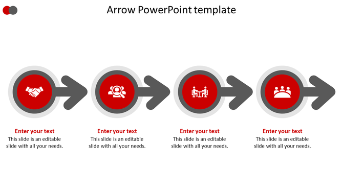 Business process slide featuring four red circular icons linked by right dark arrows, illustrating a sequential workflow.
