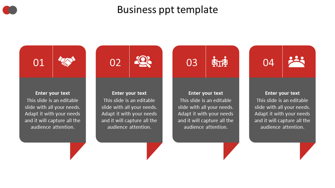 Slide with four numbered red and gray text boxes, each containing business icons and text.
