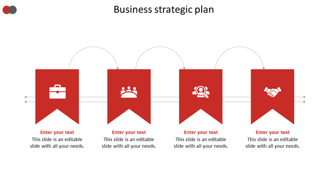 Business strategic plan template with red banners and icons with placeholder text on a white backdrop.
