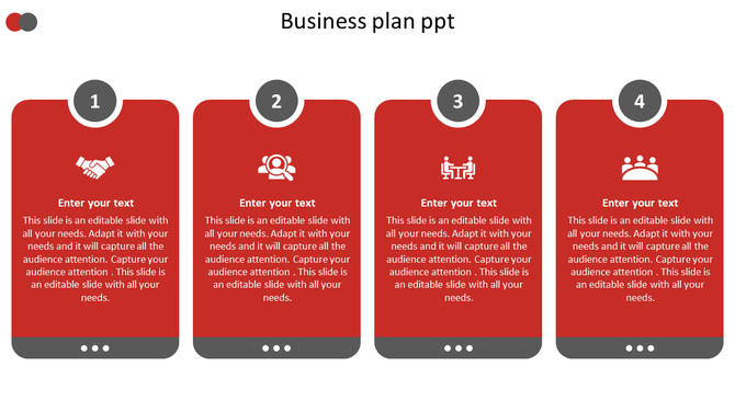Business plan slide with four red mobile-style cards, each featuring a white icon, number, and text, aligned in a row. 