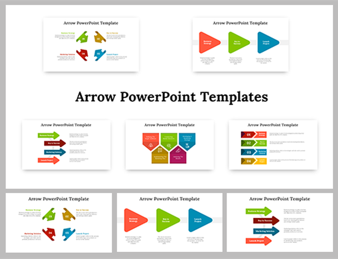 Slide deck featuring various arrow shaped infographic templates in bright colors on a white background.