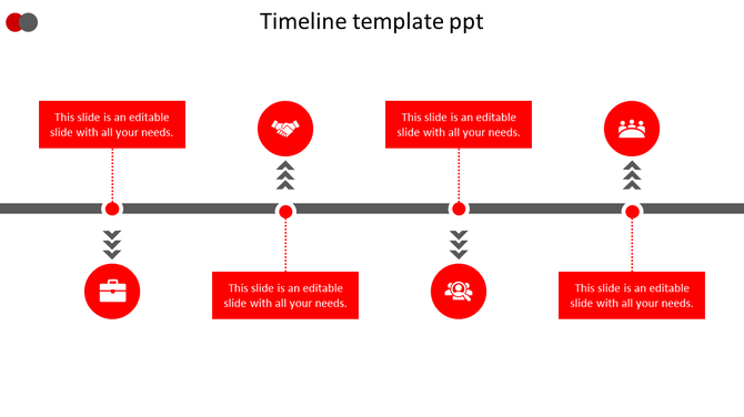 Red themed timeline slide featuring a horizontal timeline with captions for various milestones with icons.