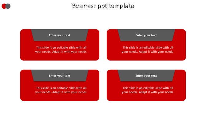 Business template with four red rectangular boxes, each containing a gray header for text and a description below.