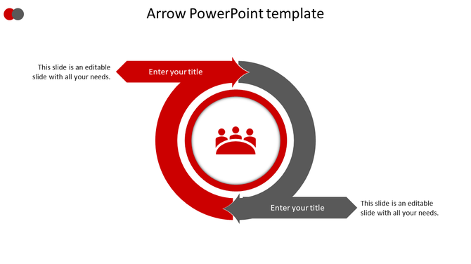 Arrow design template with two curved arrows in red and gray forming a circular flow around a central team icon.