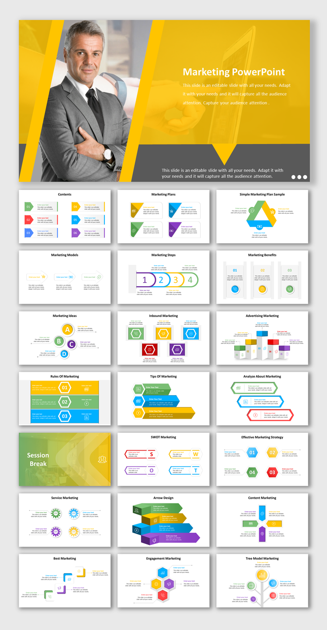 Slide deck showcasing marketing templates with various layouts, diagrams, and vibrant color schemes.