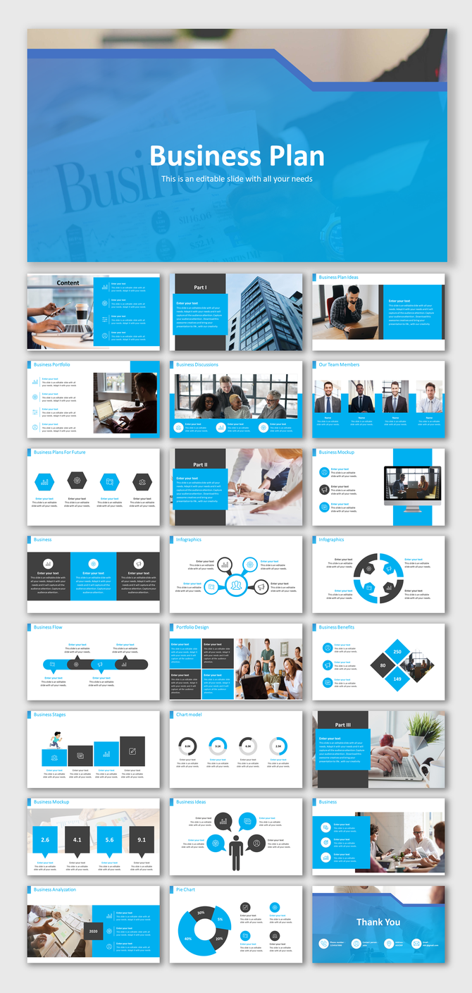 Business PPT featuring a collection of slides with various layouts for business plans and strategies on blue and white theme.