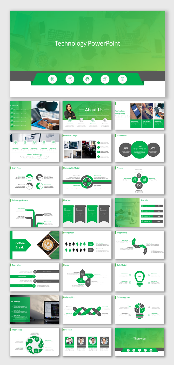 Technology template with a green themed cover slide and multiple slide previews featuring charts, infographics, and icons. 
