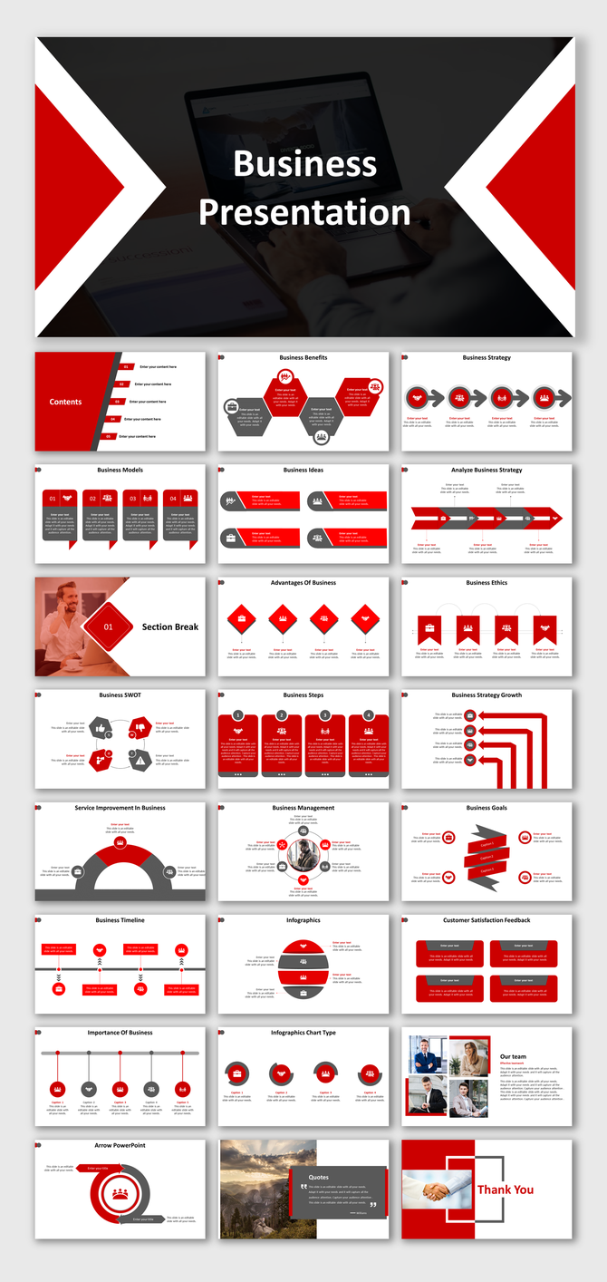 Professional slide deck with business strategy, models, team sections, and infographics in red and white theme.