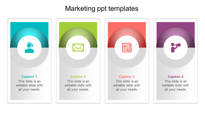 Marketing template with four cards, each containing a business icon, caption, and theme in blue, green, red, and purple. 