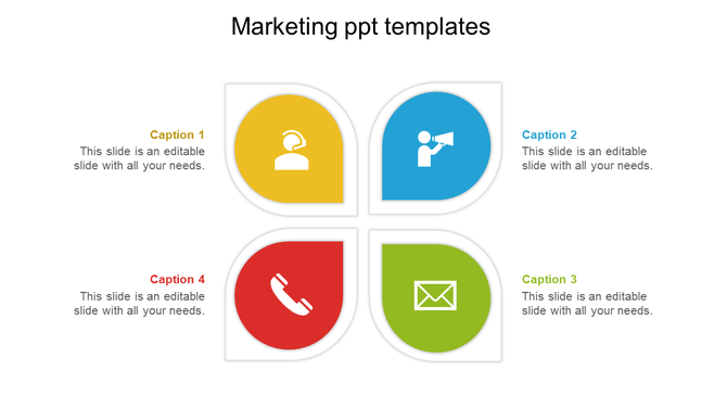 Four colorful teardrop shaped icons in yellow, blue, red, and green, each containing a unique marketing symbol.