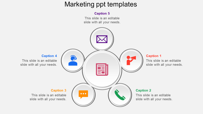 Colorful marketing PowerPoint template with icons in a circular format with captions and placeholder text.