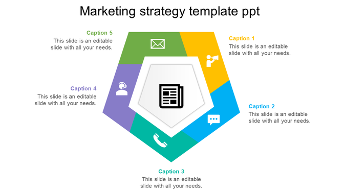 Marketing strategy template with a five section pentagon in yellow, green, blue, purple, and teal, featuring icons.