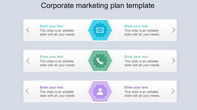 Corporate marketing slide showcasing email, phone, and customer service icons in a colorful hexagonal design.