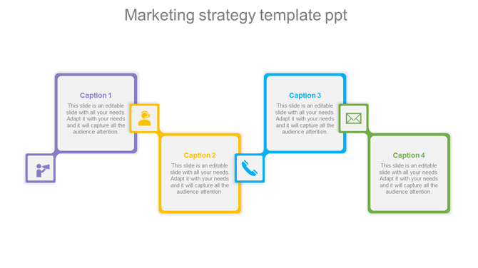 Marketing slide with four colored square icons in purple, yellow, blue, and green, arranged in a row with symbols.