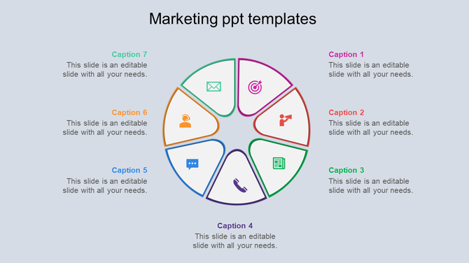 Marketing template showcasing a segmented circle divided into seven parts, each labeled with captions areas. 