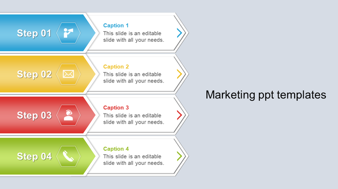 Marketing slide with color coded steps for communication, email, marketing strategies, and customer support with captions.