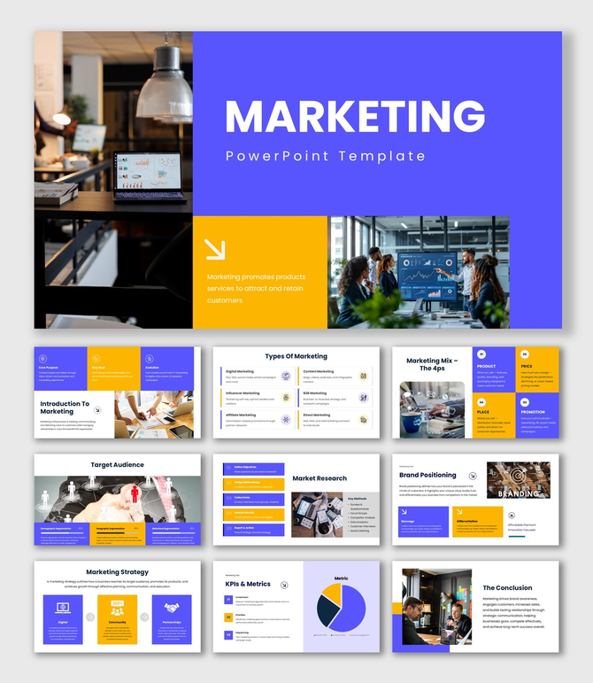 The Marketing PPT presentation with charts, team meeting, 4Ps, target audience, strategy, KPIs, and branding slides.