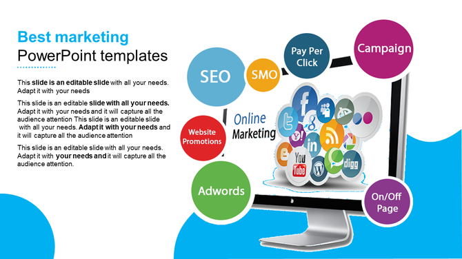 Digital marketing strategy infographic featuring a monitor, social media icons, and labeled bubbles, and campaigns. 