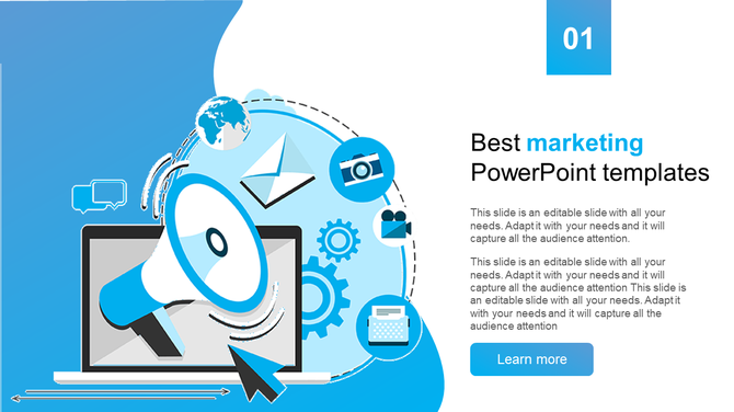 Best marketing slide featuring a computer screen with a loudspeaker and digital marketing icons on a blue and white theme.