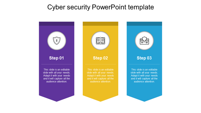 Cyber security PowerPoint slide featuring three colorful vertical sections for steps with icons and text.
