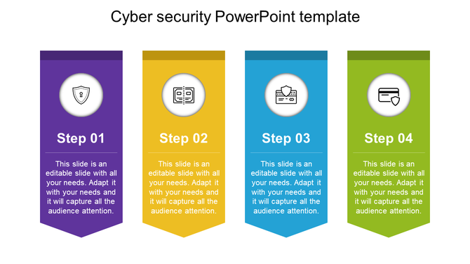 Cyber security slide with four colored banners, each displaying a security related icon and labeled from Step 01 to Step 04.