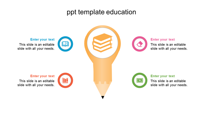 Education slide with a large pencil graphic, four circular icons in blue, pink, orange, and green, and caption areas.