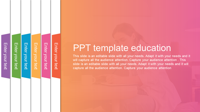 Colorful education PowerPoint template featuring a gradient background and text placeholders on the left side.