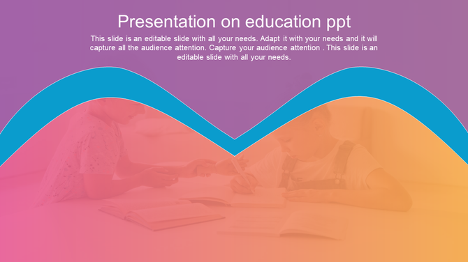 Education PPT template with a gradient background, featuring two children studying and a curved blue and purple design.