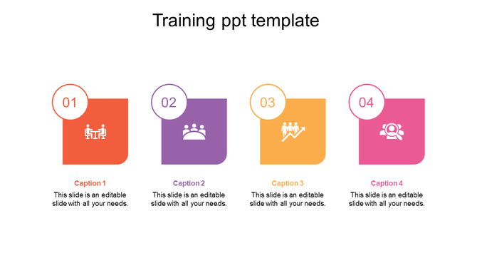 Training slide with four rounded square blocks in red, purple, orange, and pink, each featuring a number, icon, and caption.