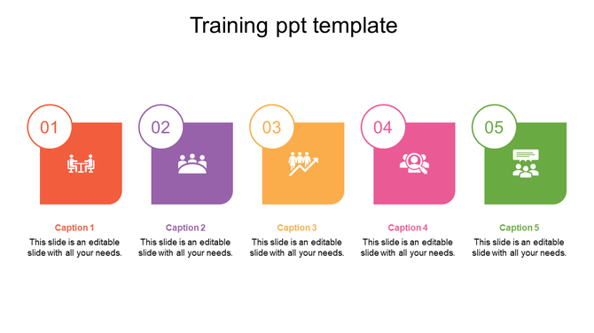 Training template with five colorful boxes in orange, purple, yellow, pink, and green, each with an icon and number.