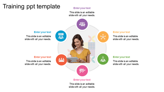 Training PowerPoint template with a central image of a woman using a tablet, surrounded by six colorful icons.