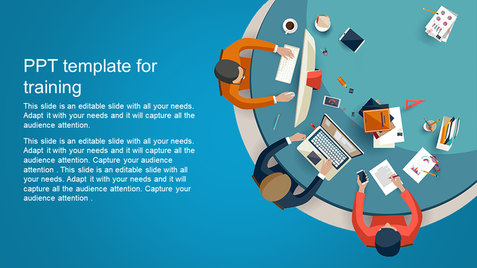 Top view of three people working around a round table with laptops, notebooks, and office supplies on a blue background.