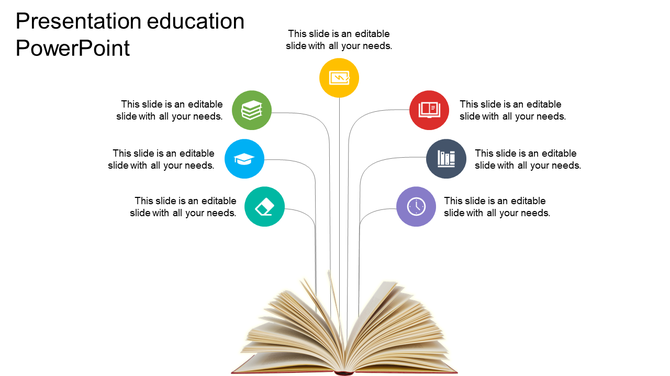 A creative education PPT slide layout featuring an open book with various colorful icons branching out with placeholder text.
