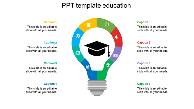 Education-themed lightbulb infographic with a graduation cap, eight colored segments, and placeholders text area.