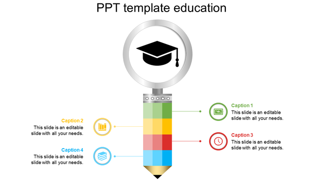 Educational infographic with a multicolored pencil pointing to a graduation cap, four caption areas, and icons.