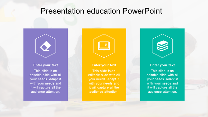 Education slide with three vertical blocks in purple, yellow, and green, each with hexagonal icons and text fields.