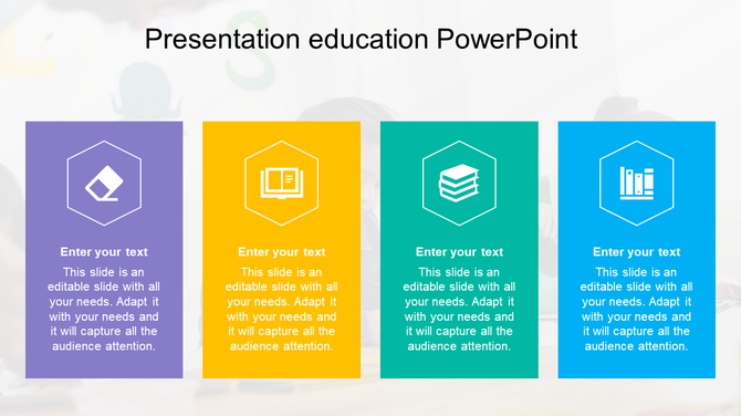 Education slide with four banners in purple, yellow, green, and blue, each featuring a hexagonal icon and caption. 
