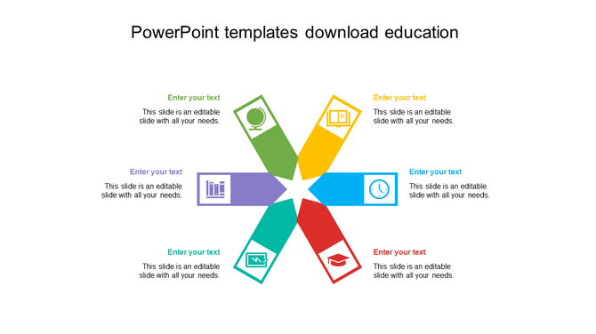 Education slide with a six point infographic, each point featuring a colorful icon and caption in green, yellow, blue, red.