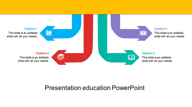 Education PowerPoint slide with colorful directional arrows and icons representing various learning elements.
