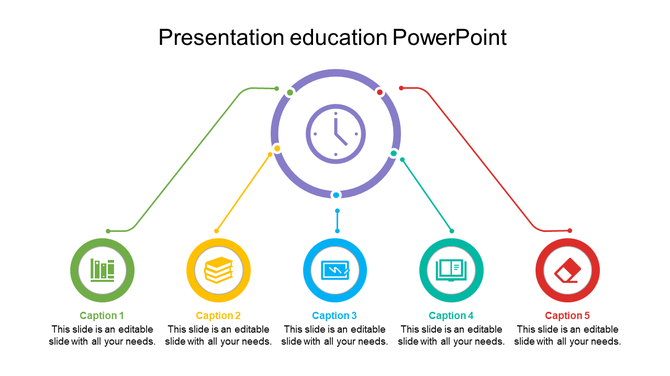Education slide with a clock icon connected to five icons in green, yellow, blue, teal, and red, each with a caption. 