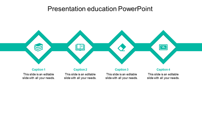 Professional education PowerPoint slide with icons and teal colored diamond shapes with captions and placeholder text.