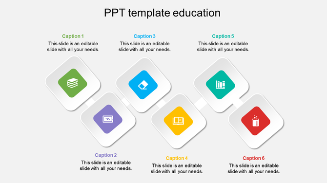 Education slide with six 3D diamond shaped icons in green, blue, purple, yellow, teal, and red, each linked to a caption. 
