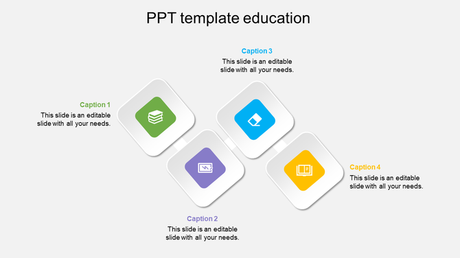 Education slide with four icons in green, blue, purple, and yellow, arranged diagonally with captions around them.