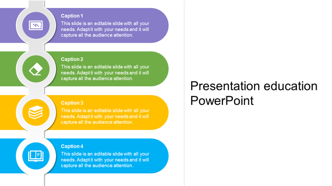 Education slide with four vertical blocks in purple, green, yellow, and blue, each with an icon and text.