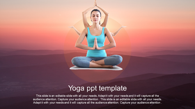 Woman in seated yoga pose with multiple arms symbolizing balance, set against a serene sunset background.