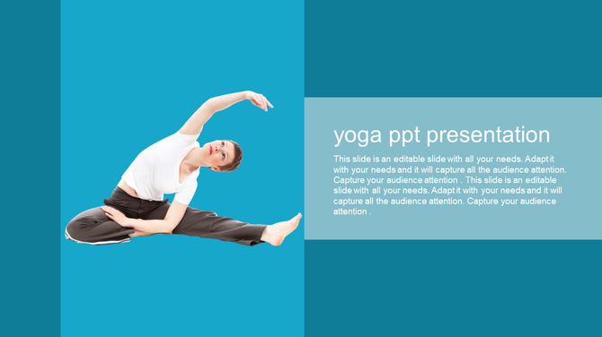 Yoga slide with a woman in a side stretch pose on a blue background, alongside a text box with a title and description.