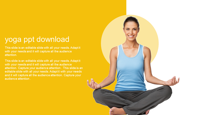 Yoga slide with a woman in a seated meditation pose, wearing a blue tank top, against a yellow and white background. 