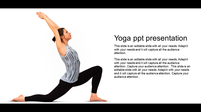 Yoga slide with a person in a lunge pose on a white background, paired with text on the right side.