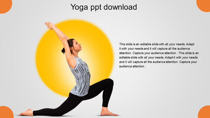 Yoga PowerPoint slide featuring a person in a warrior yoga pose against a vibrant yellow circular backdrop.