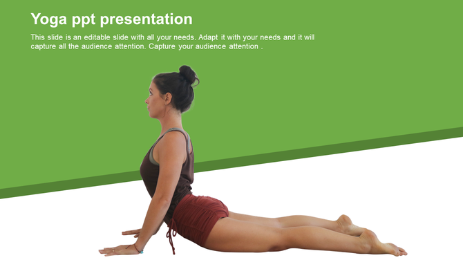 Yoga slide with a woman in an upward-facing dog pose at the bottom, and a green text box with a title above. 